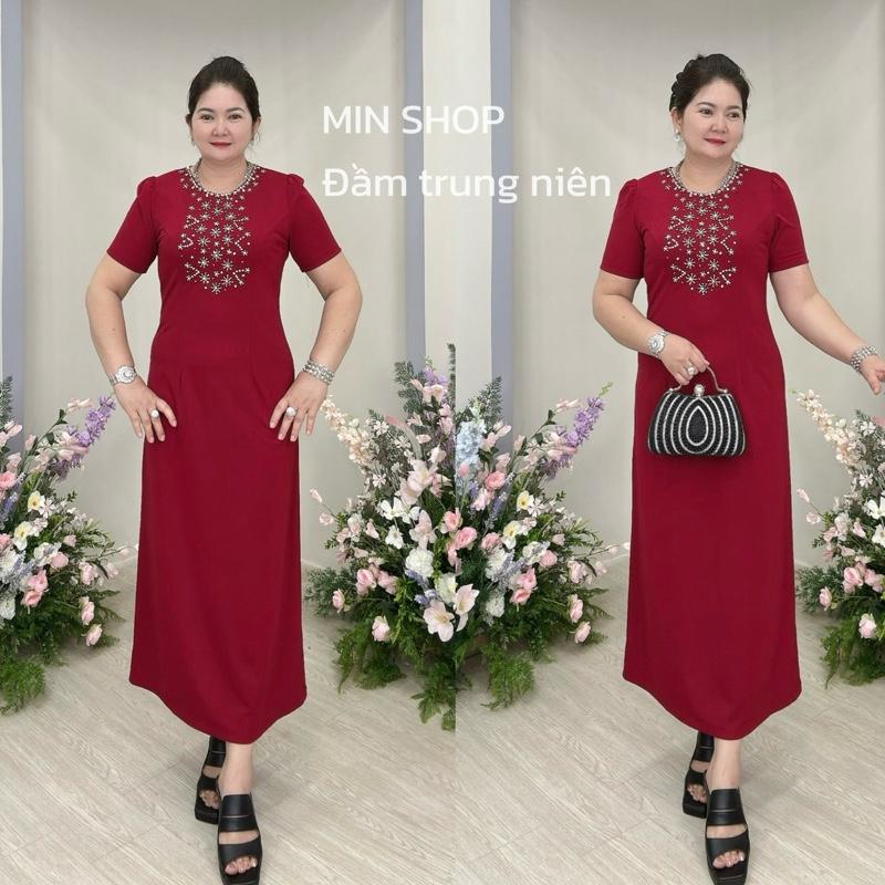  MIN SHOP - Đầm suôn dáng dài trung niên thiết kế hàng cao cấp cổ tròn kết hoa đá tuyết đơn giản thanh lịch trẻ trung phù hợp dự tiệc làm sui gia Women Nữ Dress Voan 