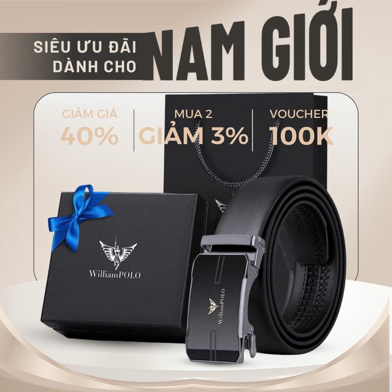  Thắt lưng nam William Polo da cao cấp mặt mạ kim khóa tự động sang trọng lịch lãm TL85 Cao Su Ví 