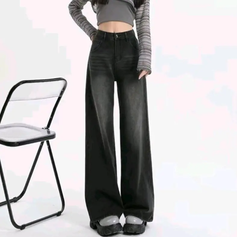 Celana Baggy Skena Style Wanita Jeans Loose Highwaist Hitam Panjang