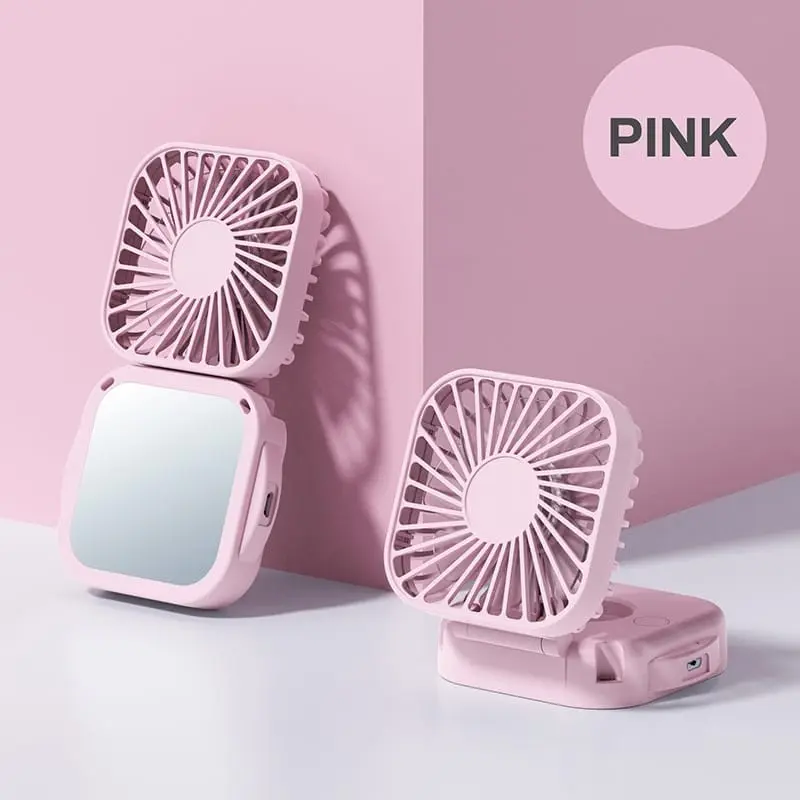 Kipas Angin Portable Mini Lipat USB Rechargeable CERMIN Mirror Pocket Fan Kantor Desktop Square Mute Fan Outdoor Gantung Leher 5