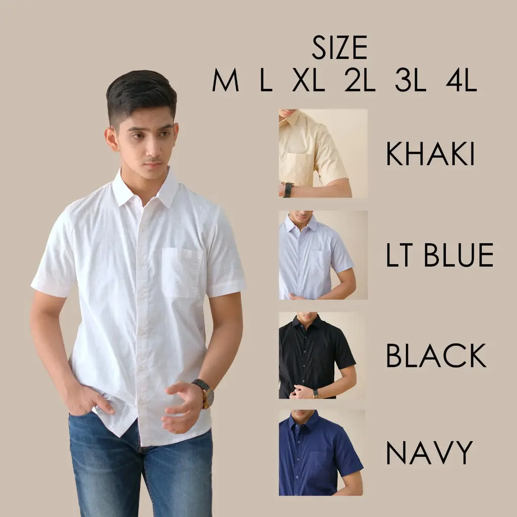 RILLEY - Syarif Baju Kemeja Pria Jumbo Polos Lengan Pendek Hitam Biru Putih M L XL XXL XXXL XXXXL