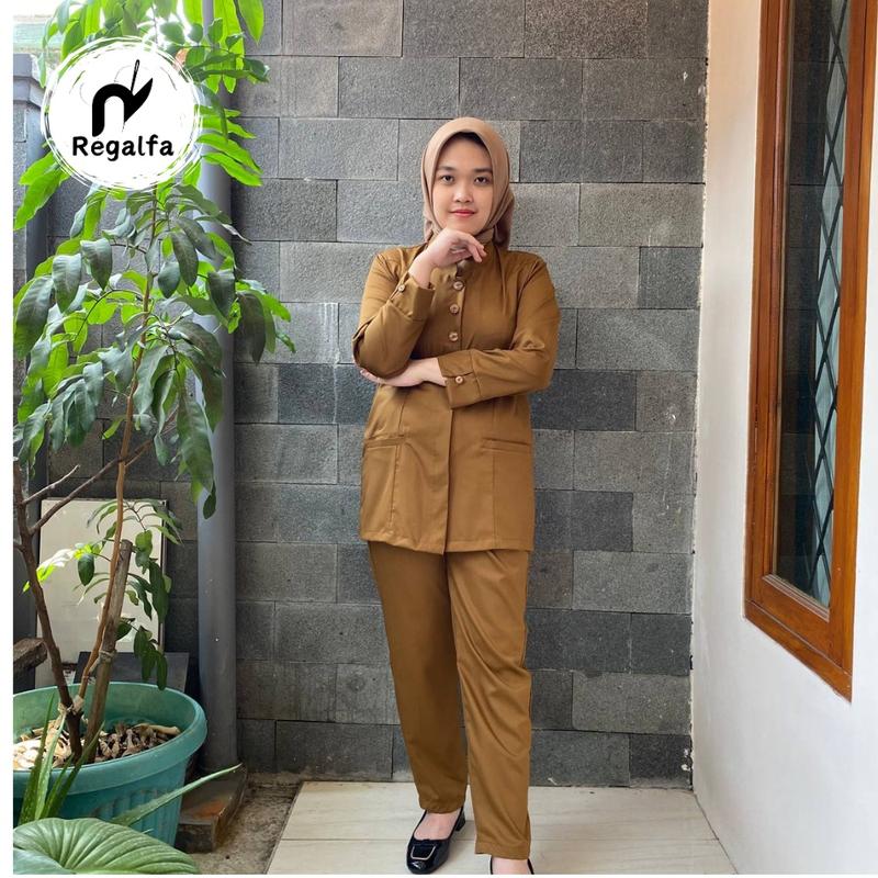 Setelan Baju Seragam PDH Khaki Tua PEMDA PNS Wanita Terbaru Model Saku Bawah Terbaru 2024 Celana Katun Panjang 3