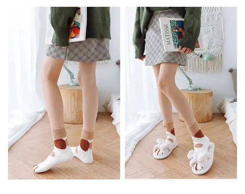 Product Introduction of Winter Lamb Kawaii Cartoon Socks for Women Cute 3d Dog Cat Paw Pattern Fleece Warm Thicken Funny Plush Socks Sleeping Socks 10