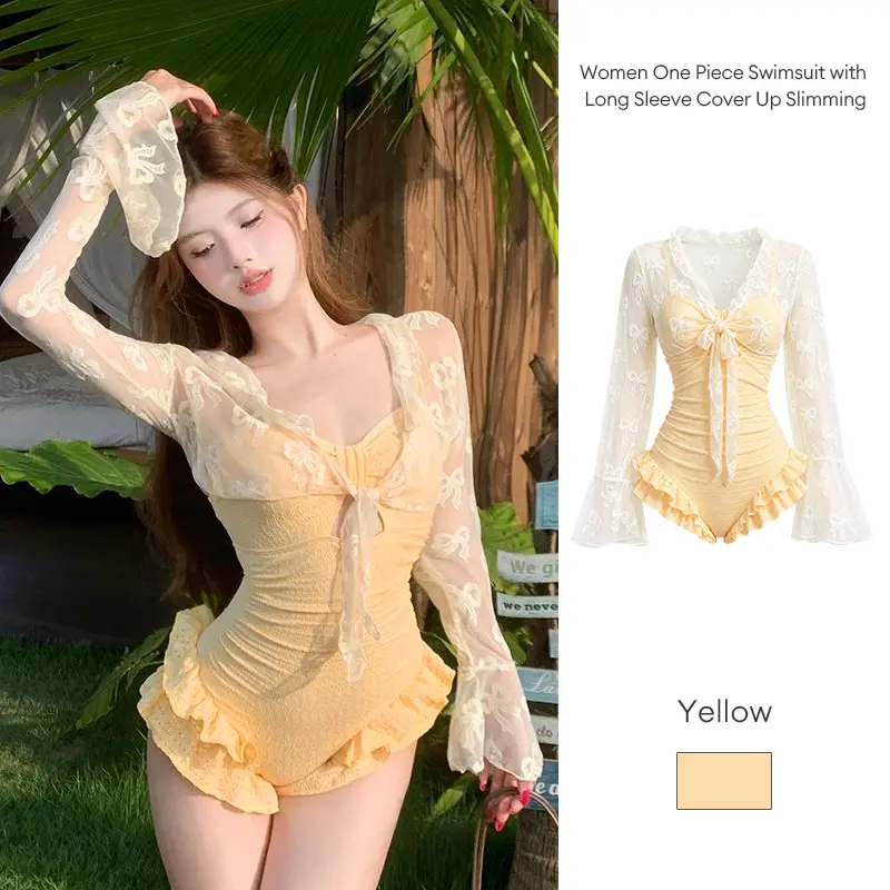 Baju Renang Wanita One Piece dengan Penutup Lengan Panjang, Melangsingkan Tubuh, Pakaian Renang Liburan Pantai | [SIAMTREE]
