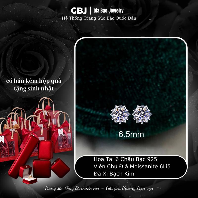   1 ĐÔI  Hoa Tai Bạc 6 Chấu Tim Đôi  chốt vặn  Viên Chủ Moissanite 6Li5 XI KIM Sang Trọng Phong Cách Unisex GBJ888 