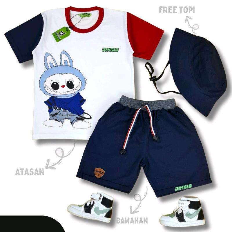 Gratis Ongkir/COD/(Free Topi)Setelan Baju Kaos Anak Distro Labubu Lengan Pendek usia 1-7 tahun By Patriot Kids 4