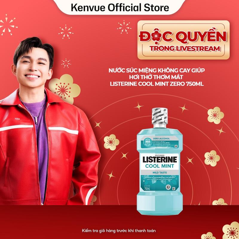 Nước súc miệng không cay giúp hơi thở thơm mát Listerine Cool Mint Zero Alcohol - Dung tích 750ml Trắng Răng