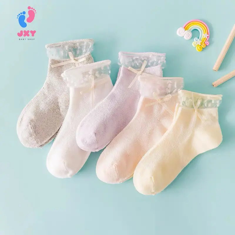 Kaus kaki jaring bernapas tipis penyerap keringat anak-anak musim semi dan musim panas, kaus kaki katun simpul pita kasual untuk anak perempuan L421-422