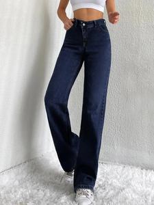 Vaqueras mujer outfit Mezclilla Vaqueros para Mujer Corte Recto Azul Oscuro Cintura Alta Elástica Lavado Claro Algodón Casual Primavera Otoño Unicolor outfit vaqueros mujer con pantalon