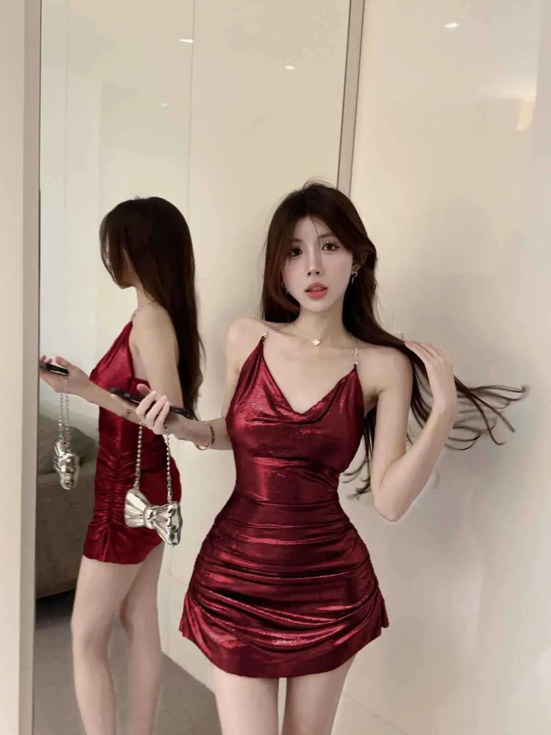 PinkHaze Mini Dress Sexy Backless Halter Neck - Gaun Pesta Wanita Pleated Clubbing Summer Style - W10171