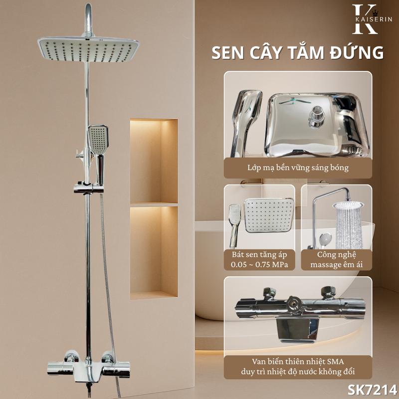  Sen cây tắm  đứng đồng thau mạ crom bóng,chỉnh nhiệt độ bằng núm xoay  bát sen abs tăng áp bảo hành 3 năm 