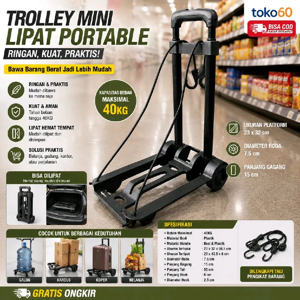 Troli Mini Lipat Portable Dorong Barang 40KG Foldable Trolley Cart Praktis Hemat Tempat Mudah Dibawa Anti Ribet untuk Belanja Gudang Rumah Kantor Perjalanan Multifungsi - Besi