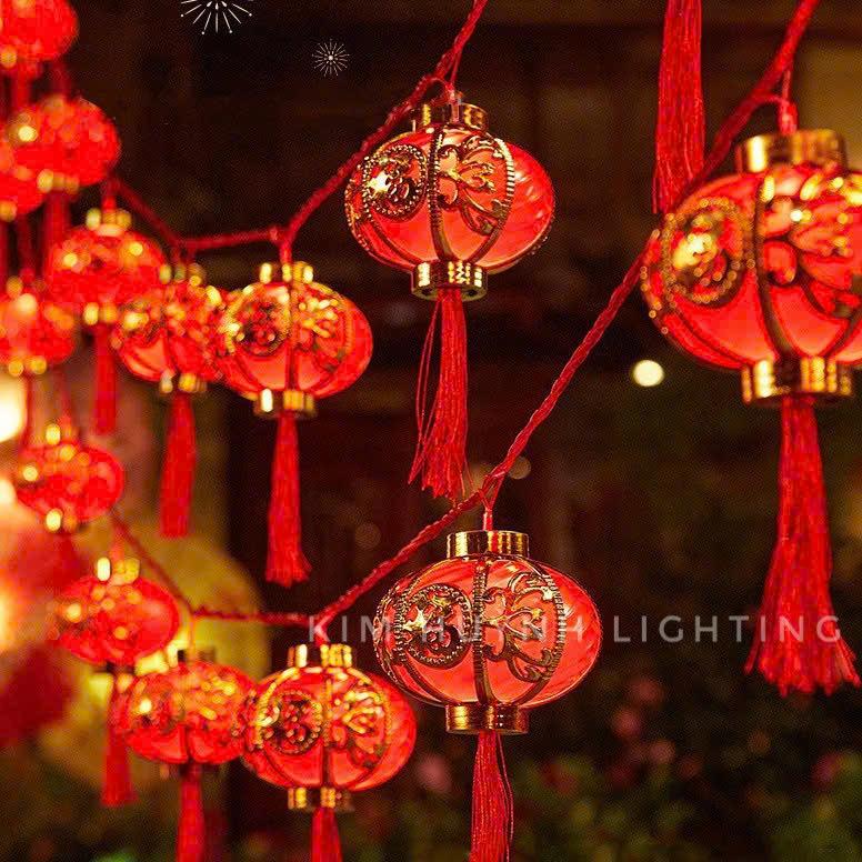 Dây đèn led lồng đèn đỏ chữ Phúc, Viền Vàng Tròn Trụ trang trí lễ Tết (Cắm điện, không nháy)