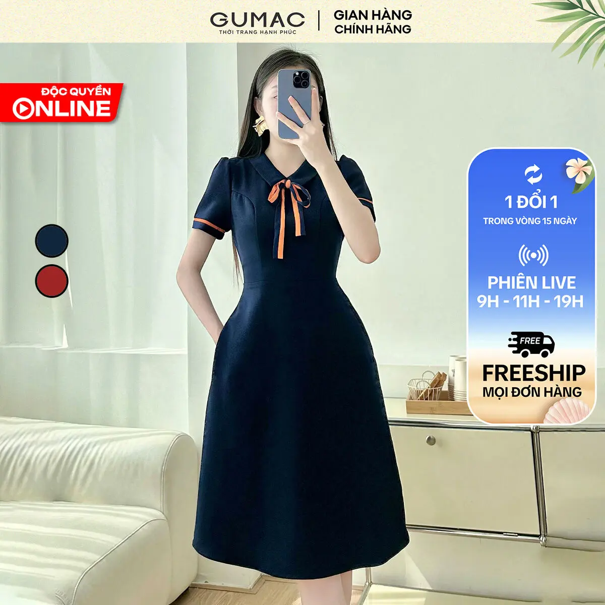 GUMAC - Đầm A nẹp tay phối thời trang LDE0614 Nữ Cotton chéo Women Dress