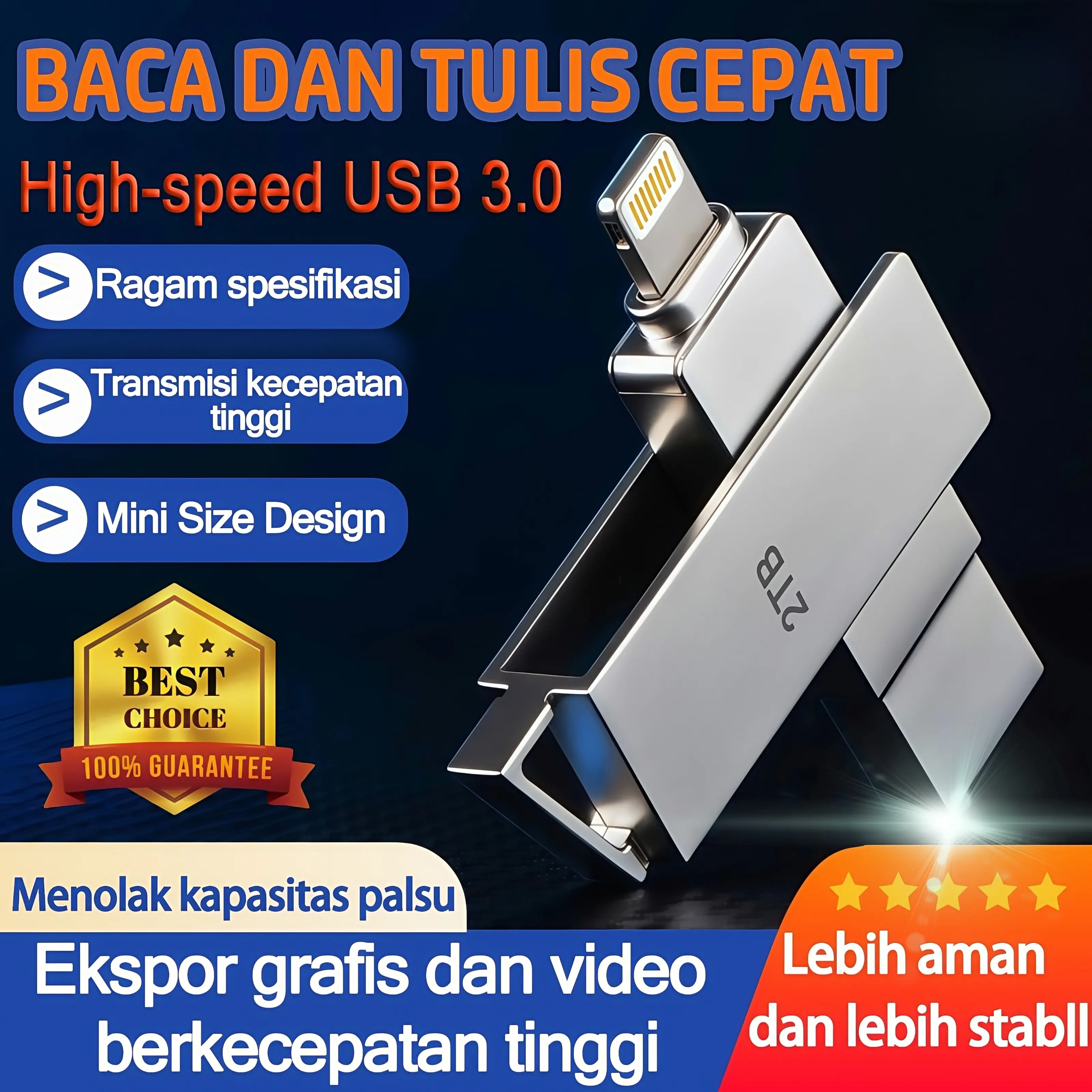 2TB Flash Drive untuk iPhone ISO OTG Flashdisk High Speed USB 3.0 Flash Drive Flash Disk ISO+USB dengan Kecepatan Tinggi dan Plug & Play