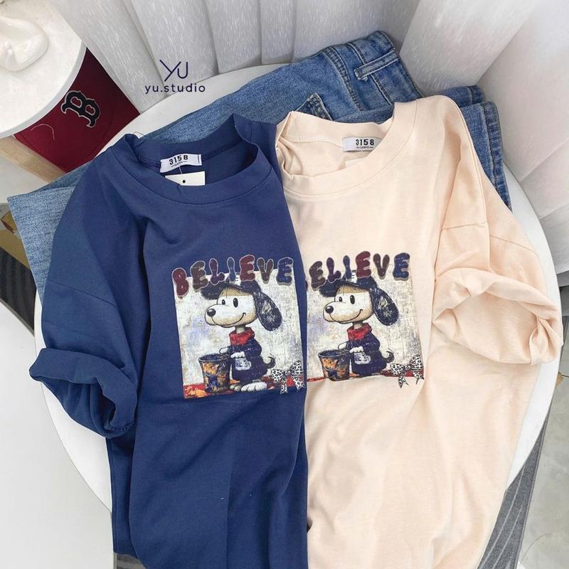 áo thun 3158 cotton khô form rộng, áo tay lỡ nam nữ mẫu cún bilieve