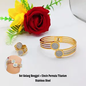 Set Gelang  Bangle + Cincin Permata Mewah Anti Karat Anti Luntur  Titanium Stailess Steel (COD)
