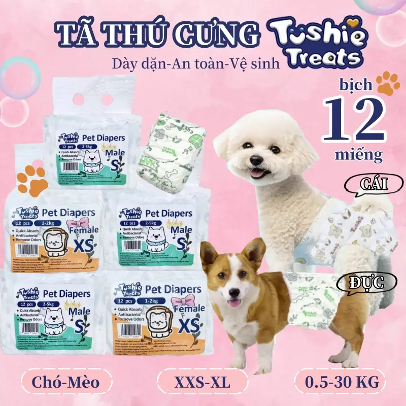 Tushie Treats- Tã bỉm vệ sinh thú cưng cao cấp, bịch 12 miếng đủ size từ XXS-XL tương đương 0.5-50kg