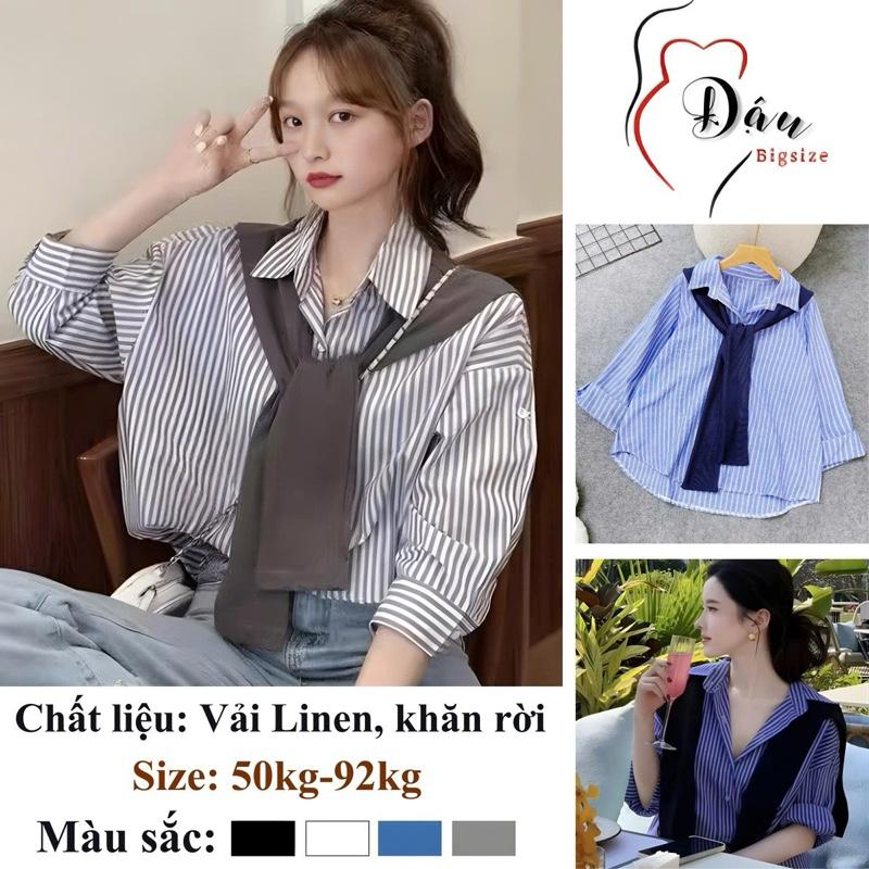  Áo Sơ Mi Bigsize Nữ Kẻ Sọc Dáng Basic Phom Rộng Phối Khăn Xinh Kiểu Thủy Thủ Thanh Lịch -  A328+A195  