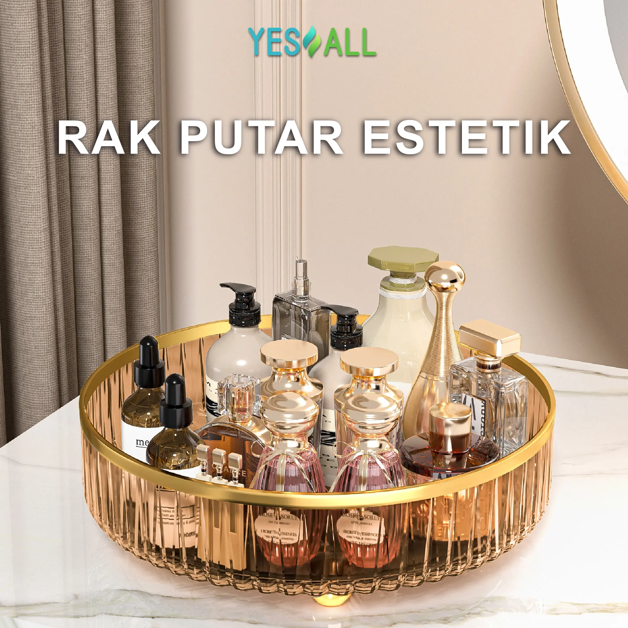 YESALL Rak Kosmetik Aesthetic Tempat Make Up - Amber Gold Aesthetic Tray Aesthetic Rak Skincare Aesthetic Rak Bumbu Estetik Nampan Aesthetic Tempat Skincare Aesthetic Rak Makeup Kosmetik Tempat Kosmetik Rak Parfum Rak Kosmetik Putar Rak Minum SNX008005