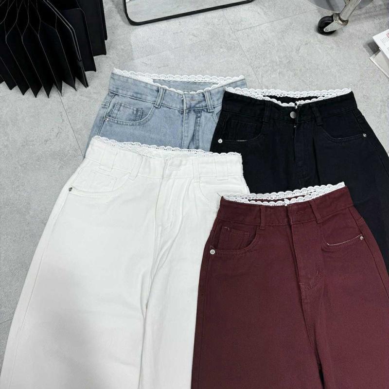 MINA JEANS Quần Jean Ống Suông Nữ Phối REN TRẮNG Vải Mềm Đẹp