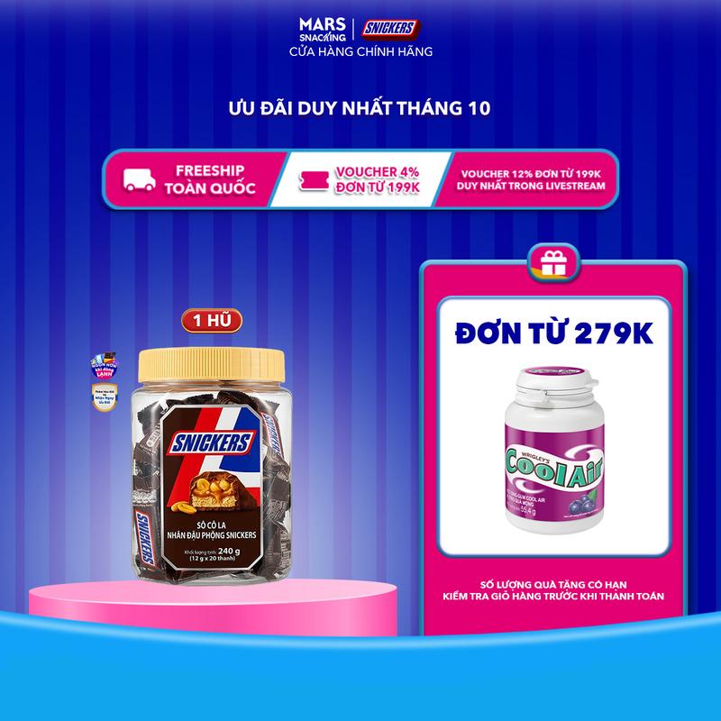 [DIỆN MẠO MỚI 20 THANH] Hũ kẹo sô cô la nhân đậu phộng Snickers jar 240g (20 thanh x 12g) Deal độc quyền