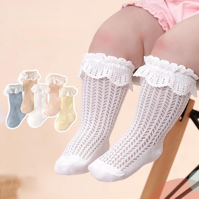 Tất Em Bé Gái, Thiết Kế Xếp Ly Ren, Lưới Thoáng Khí Mùa Hè, Tất Cao Đến Đầu Gối Cho Trẻ Sơ Sinh, Màu Trơn Tất Dài Cho Trẻ Mới Biết Đi Và Trẻ Em, Thích Hợp Cho 0-3 Tuổi