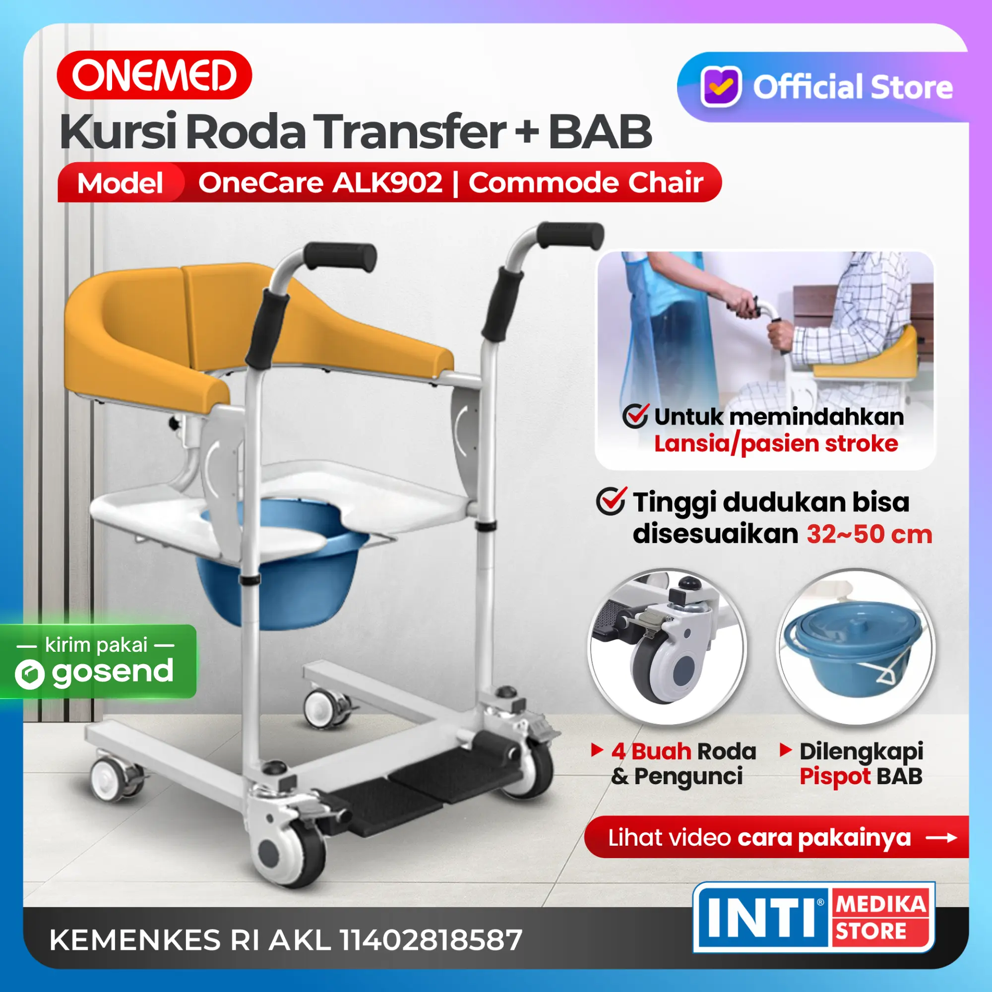 ONEMED - Kursi Roda Transfer + Tempat BAB ALK902 | Commode Chair ALK 902 Toilet Duduk Portable