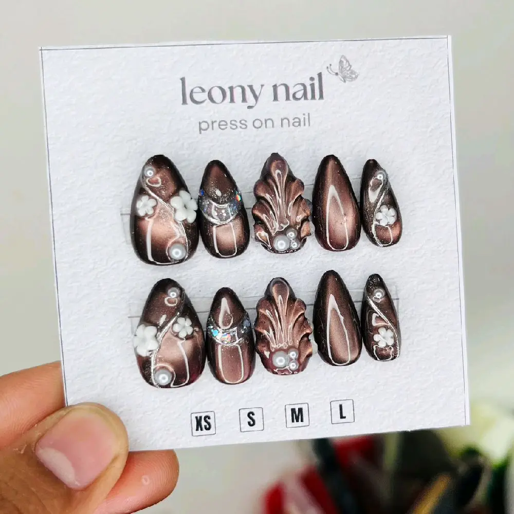 Kuku Palsu Mahogany Cat Eye Mermaid 3D Nail Gratis Lem  Gell & Toolkit / Kuku Palsu Wedding/ Kuku Palsu Handmade