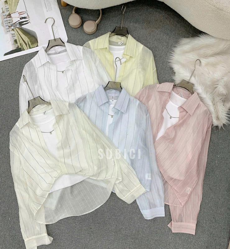  XẢ KHO Tặng Áo Trong  Áo Sơ Mi Nữ Voan Sọc Pastel Tay Dài Mùa Hè Hình Thêu Dáng Lửng Xoắn | SUBICI 