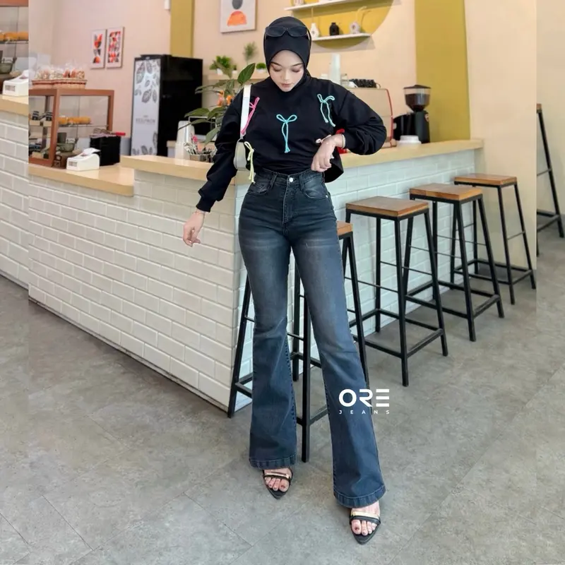 ORE - CZ 930 Size 27-34 - Highwaist Strecht Cutbray Jeans Vintage Black Washed Slim-fitting Celana Kaki 0