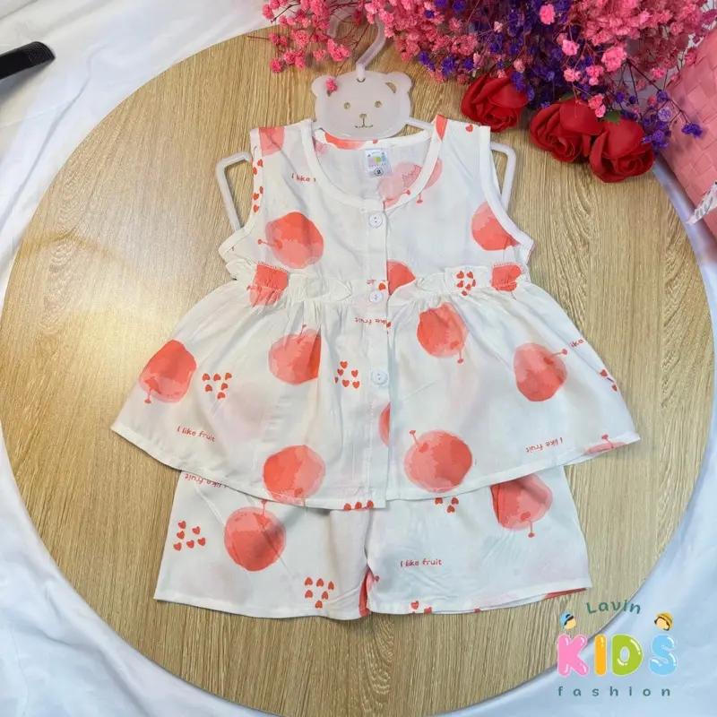 Bộ tole lanh sát nách bèo bụng hoạ tiết dễ thương bé gái size 5-18kg