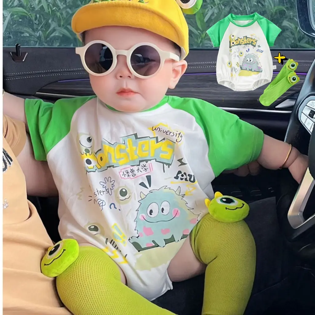 Áo Liền Quần Cotton ngắn Tay Cho Em Bé Trai Bé Gái, Hàng Mới Về Mùa Hè, Với Tất, Thích Hợp Cho Trẻ Sơ Sinh 0-18 Tháng, Áo Liền Quần Ghép Nối Quái Vật Nhỏ Áo Jumpsuit Quần Phong Cách Hàn Quốc