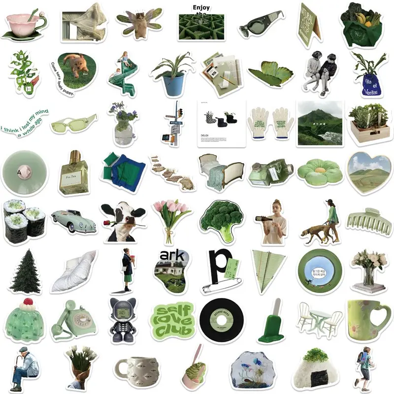 Green Themed Sticker, 63pcs/set Waterproof Self Adhesive Decorative Sticker, DIY Decals for Water Bottle, Laptop, Phone Case, Scrapbooking, Journal Making, Cover 6