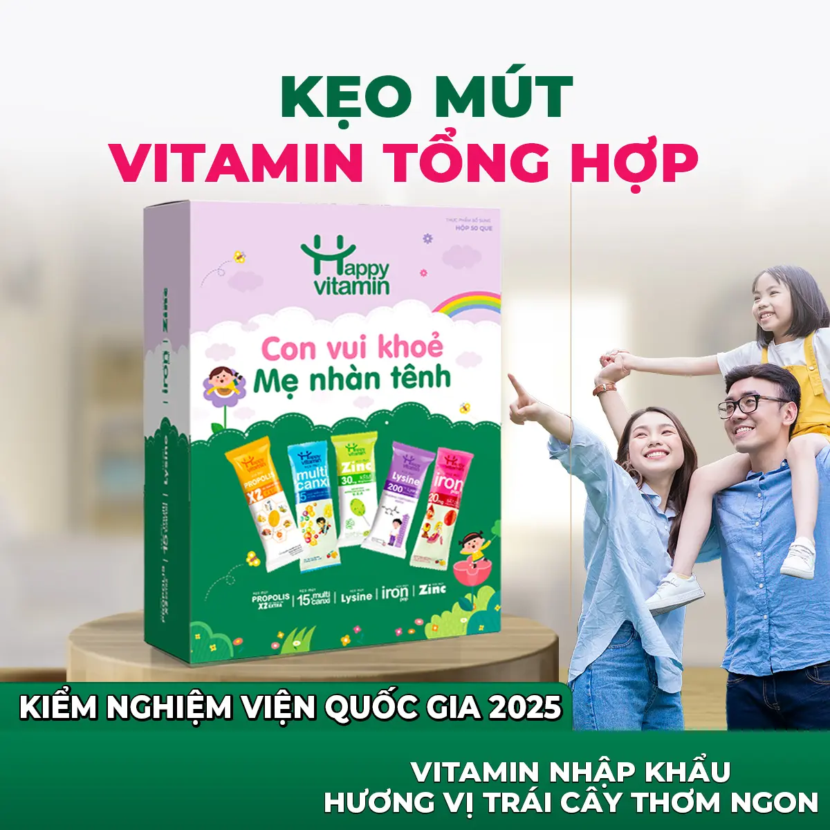 Hộp kẹo Vitamin Tổng Hợp - Happy Vitamin - Bổ sung Sắt, Kẽm, Canxi, Lysine, Keo Ong Cát cánh Lê Gừng - Date Mới Nhất