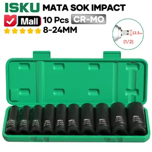 ISKU Mata Sok Impact 1/2 Inch 6PT 10 Pcs Set Kunci Shock Hitam Baja CR-MO Chrome Molybdenum Torsi Badak Heavy Duty Anti Pecah Buka Baut Ban Mobil Mesin Truk Air Impact Wrench Drop Forged Tool Kit Bengkel 10-24mm