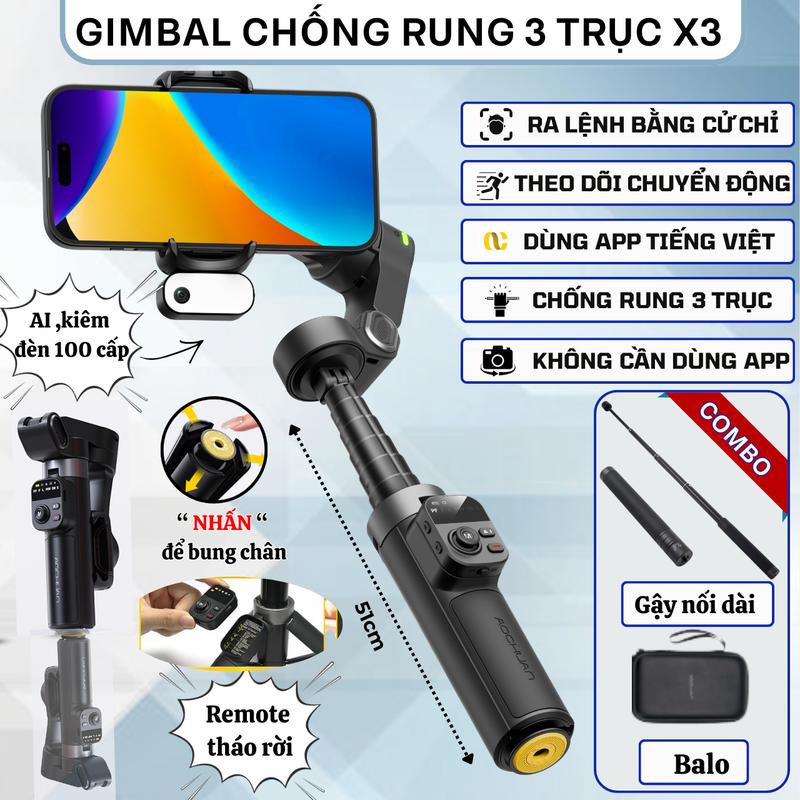  Gimbal Smart X3 Phiên Bản 2026 - Tay Cầm Chống Rung Dành Cho Điện Thoại Smart X3 Chống Rung 3 Trục Thế Hệ 10 Có Remote Tháo Rời Điều Khiển Gimbal Từ Xa Camera AI 10.0 Tích Hợp Đèn Led Trợ Sáng Tracking Theo Dõi Chuyển Động Không Cần Dùng App 