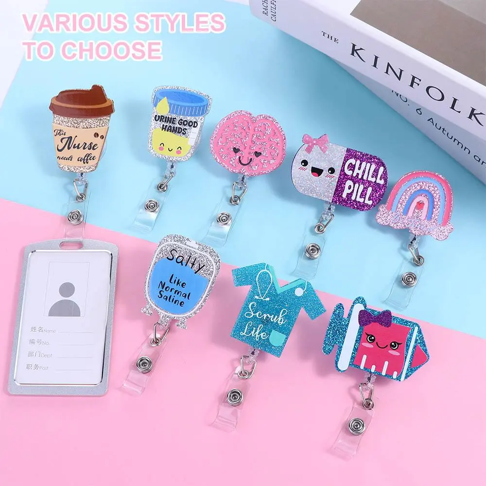 High Quality Cartoon Work Card Clips Chest Card Holder Glitter  Students Card Hospital Badge Holder Retractable Badge Reel ID Card Clips Nurse Badge Holder