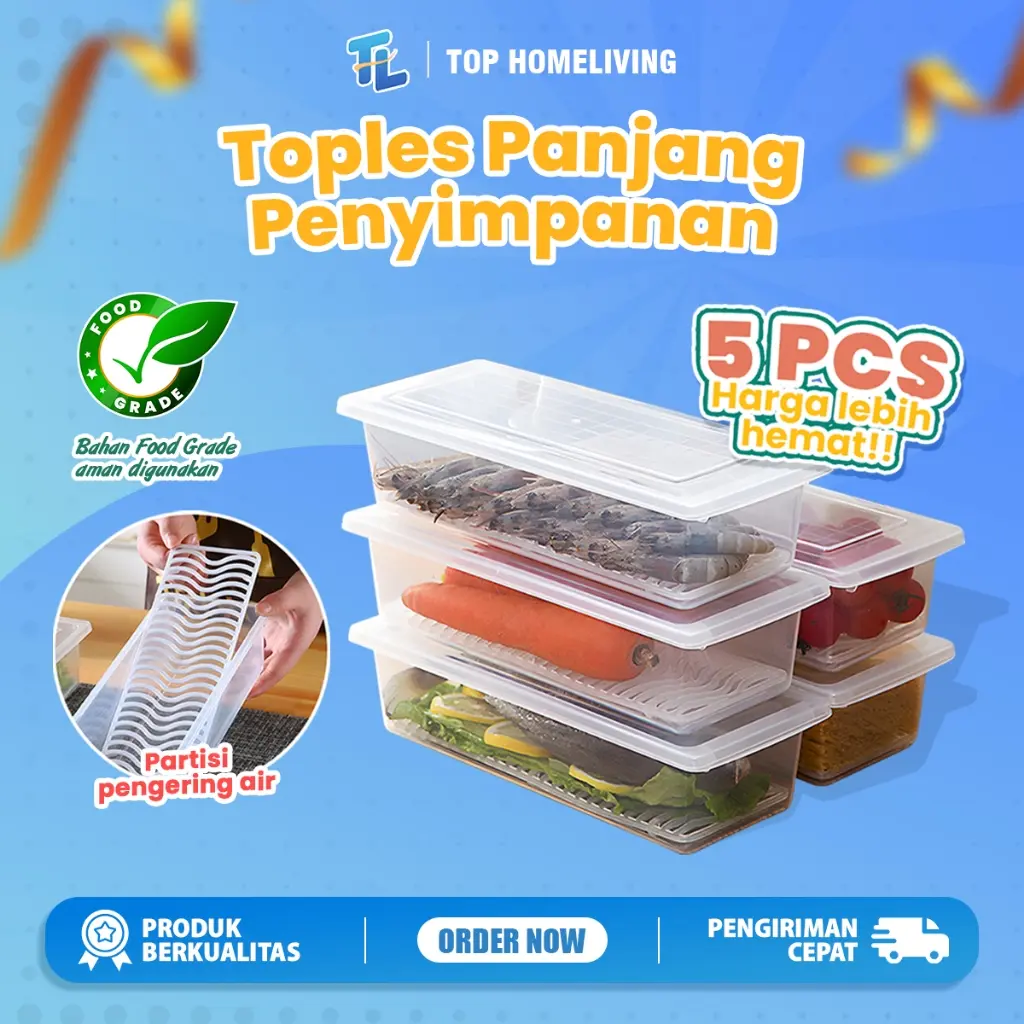 Set 5PCS Toples Food Grade Wadah Kulkas Transparan untuk Penyimpanan Makanan Sayur/Buah/Ikan Serbaguna - Biru, Kuning