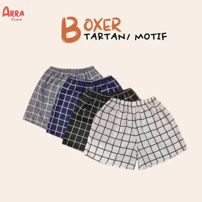 Celana Boxer Unisex Pendek Tartan/Kotak-Kotak Motif Katun - 4 Pcs Pria Wanita Dewasa Santai