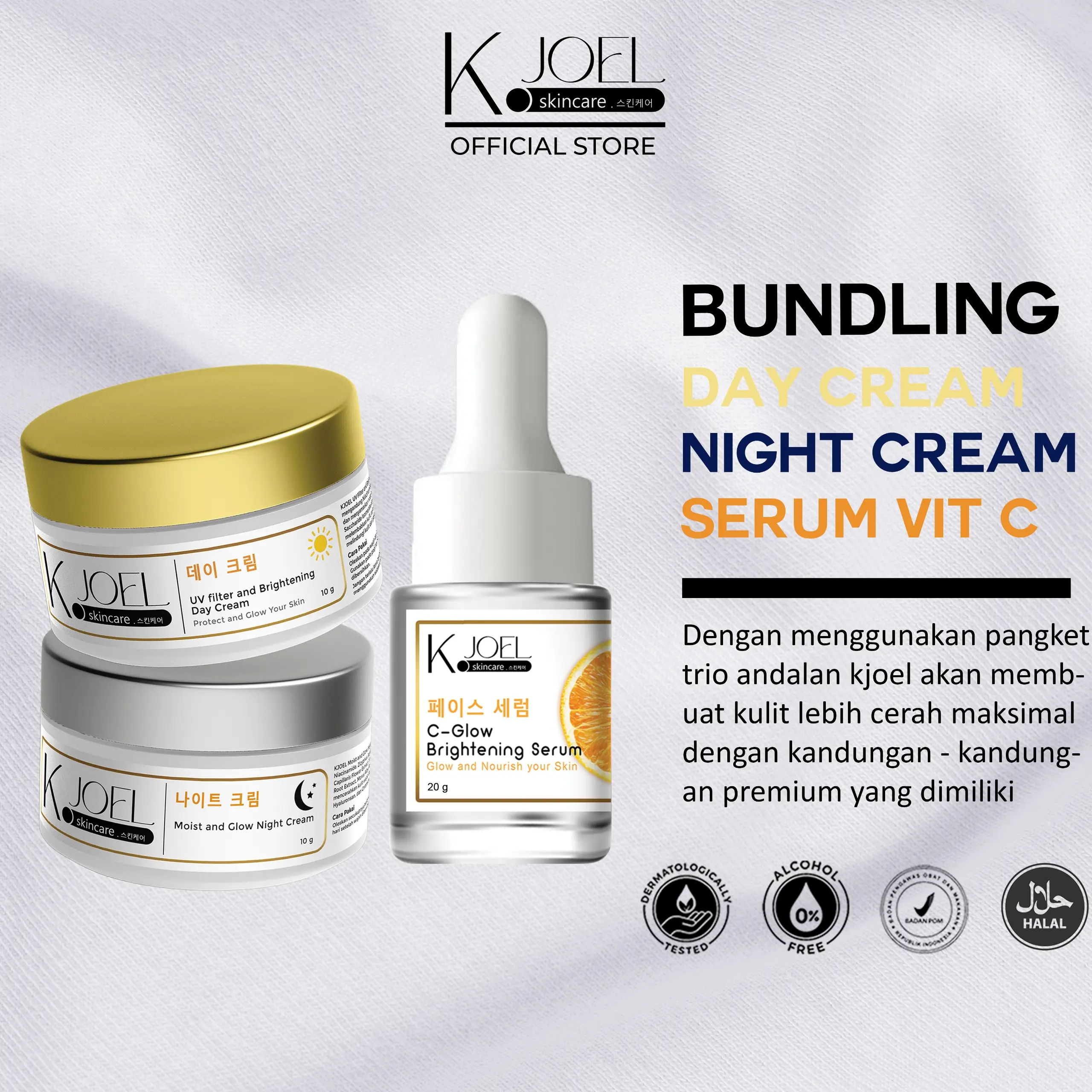 C. KJOEL - Paket Bundling Kjoel UV Filter & Brigtening Day Cream + Moist & Glow Night Cream + Serum Vit C
