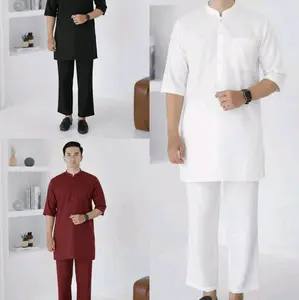 Setelan Kurta Pria Bahan Katun Premium Baju Koko Pakistan Lengan 3/4 Set Celana Muslim Modern Model Pakistan Potongan Longgar & Saku Aktif