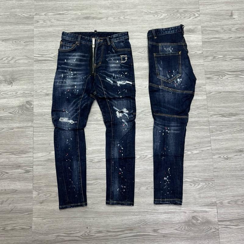 QUẦN JEAN NAM MÃ D2-28 XANH RÁCH KHOÁ LỆCH DÁNG BIKER VẨY SƠN 4 CÚC BÒ DÀI CAO CẤP CO DÃN PHOM ÔM CHÂN DS-Q Có Túi
