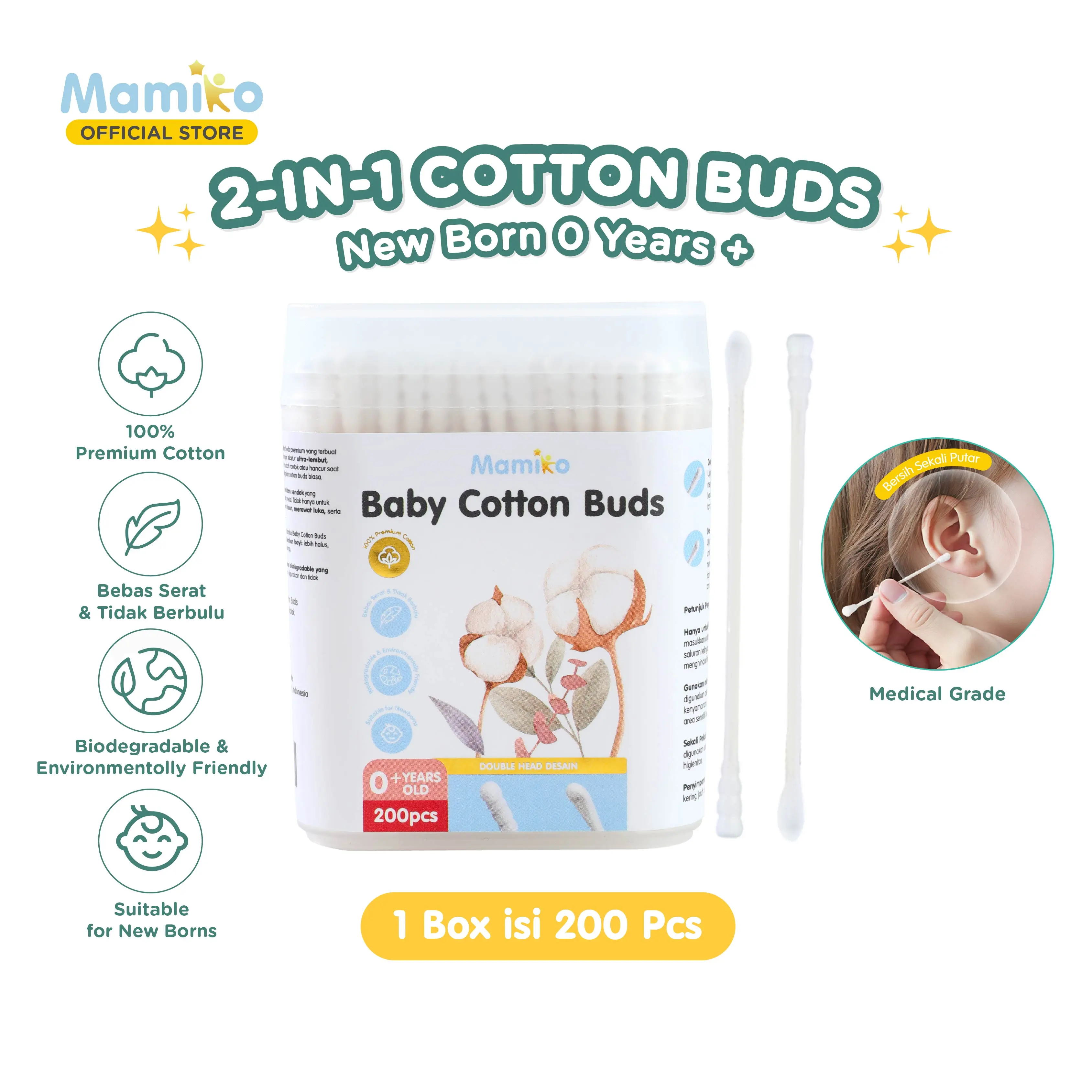 Mamiko Cotton Bud 2in1 Pembersih Telinga 2 Sisi Korek Kuping Bayi Spiral Cekung