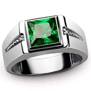 Cincin Silver Batu Hijau Mewah - Cincin Batu Green Ruby Cubic Zirconia / Cincin Pria Wanita Batu Natural Zircon Hijau / Cincin Silver Batu Kristal Warna Hijau / Cincin Mewah Pria Wanita Gaya Retro Keren