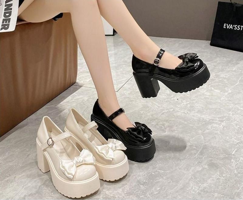  Giày Lolita Mũi Nơ Đế Đúp Gót Cao 9cm Sang Chảnh Form Rộng Chất Liệu Da Bóng Có 2 Màu Trắng Kem Đen Size 35-39 