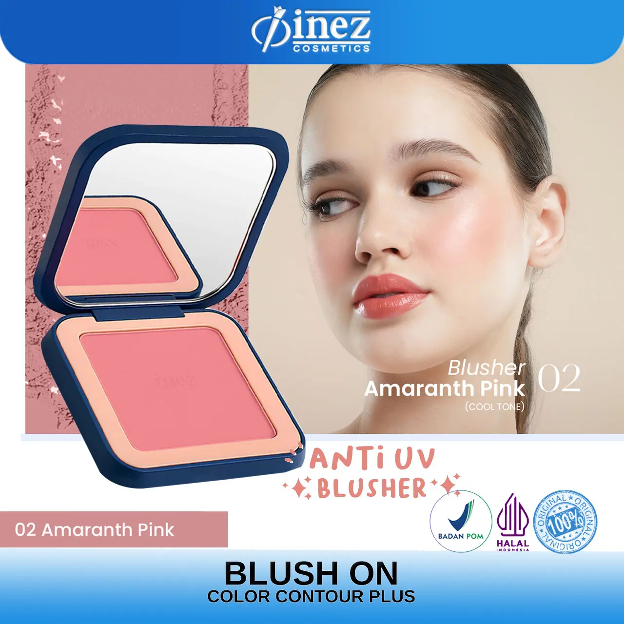 Inez Blushon Amaranth Pink 02 Blusher Cheek Blush On Color Contour Plus Biru Kosmetik Wajah Creamy Kering UV Protection Halal