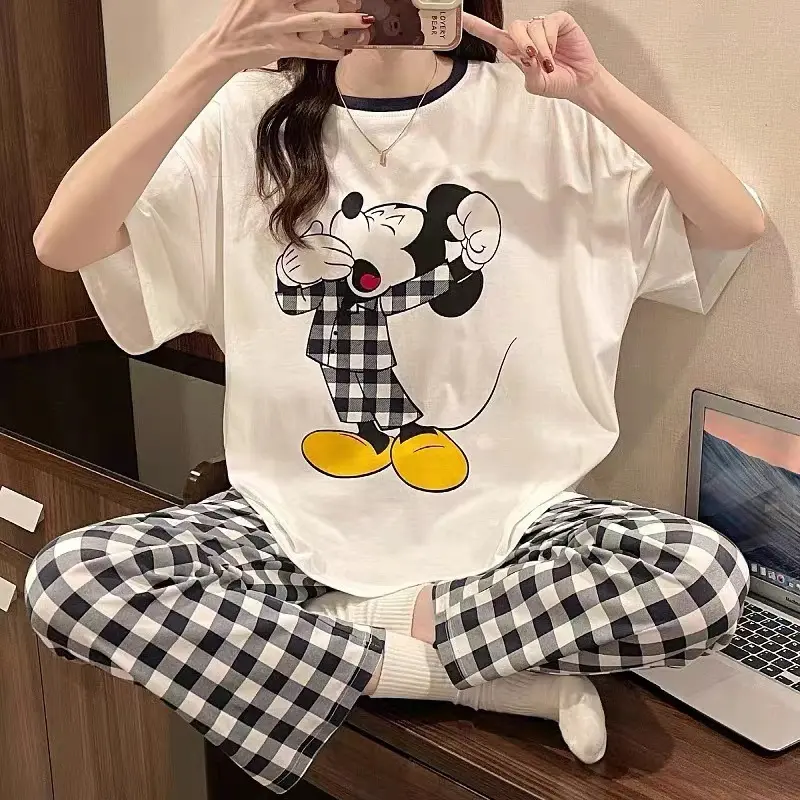 2023 New Korean Style Cartoon Pajamas Women's Short Sleeve + Trousers Can Be Worn outside Home Wear Suit Loungewear Nightwear