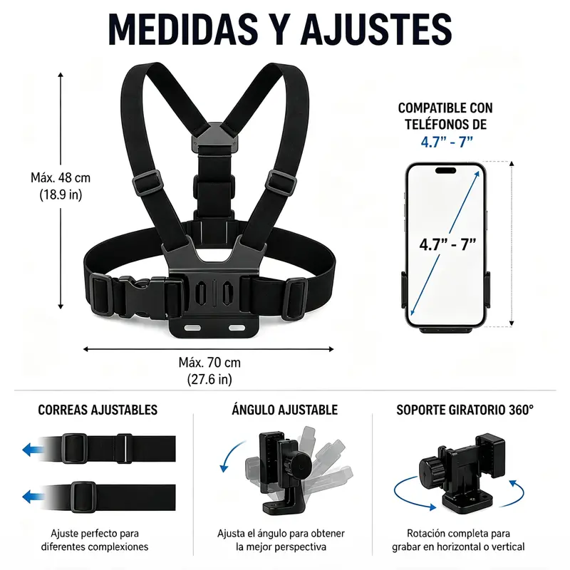 RIDGEWAY Soporte deportivo ajustable para celular para el pecho, giro de 360°, correa para celular y cámara, perspectiva en primera persona, incluye correa para el hombro, con función de estabilización de imagen, diseño ergonómico, ideal para viajes, ciclismo, motociclismo y bicicleta - Foto 8