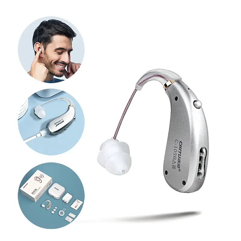 Silver Mini Rechargeable BTE Hearing Aid for Deafness Hearing Device Lightweight Amplifier Elderly Medical Device